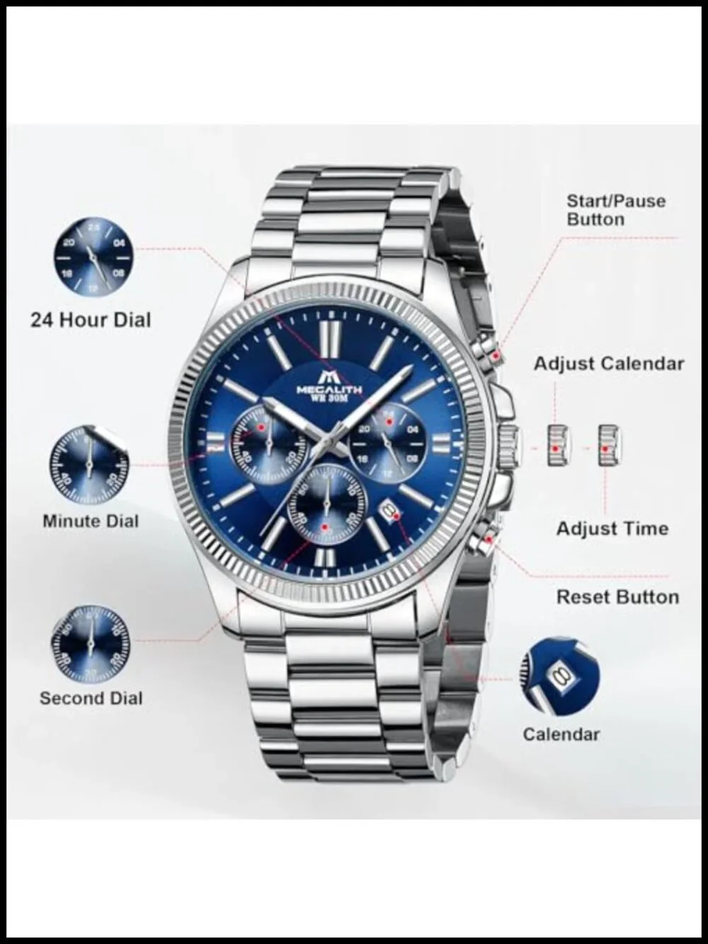 Mens Silver Chronograph Dress Watch Stainless Steel Date 40mm